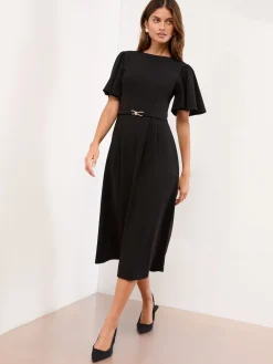 Lipsy Crew Neck Short Sleeve Fit and Flare Midi Dress with Gold Trim Belt Black Outlet