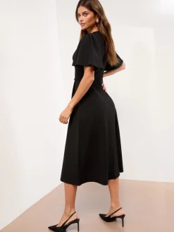 Lipsy Crew Neck Short Sleeve Fit and Flare Midi Dress with Gold Trim Belt Black Outlet