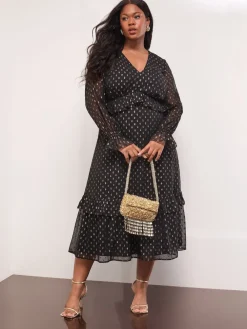 Lipsy Black Curve Metallic Spot V-Neck Ruffle Midi Dress Online