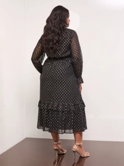 Lipsy Black Curve Metallic Spot V-Neck Ruffle Midi Dress Online