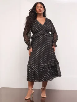 Lipsy Black Curve Metallic Spot V-Neck Ruffle Midi Dress Online