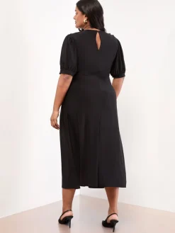 Lipsy Black Curve Military Button Short Sleeve Midi Jersey Dress Outlet
