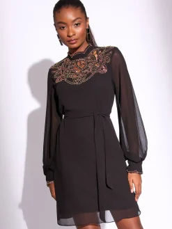 Lipsy Black Embellished Cut Out Artwork Long Sleeve Mini Shift Dress Best