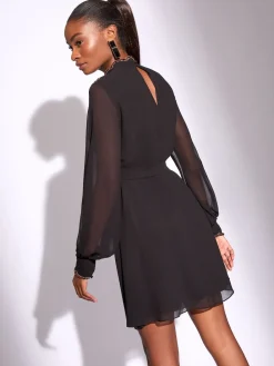 Lipsy Black Embellished Cut Out Artwork Long Sleeve Mini Shift Dress Best