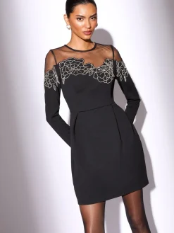 Lipsy Black Embellished Floral Long Sleeve Skater Mini Dress Online