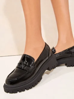 Lipsy Black Faux Leather Patent Chunky Penny Loafers Hot