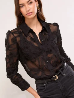 Lipsy Burnout Button Through Shirt Black Floral Online