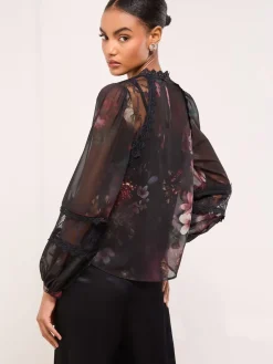 Lipsy Black Floral Lace Insert Sheer Blouse Discount