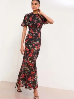 Lipsy Black Floral Print Short Sleeve Woven Maxi Dress Online
