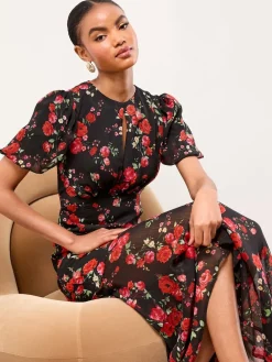 Lipsy Black Floral Print Short Sleeve Woven Maxi Dress Online
