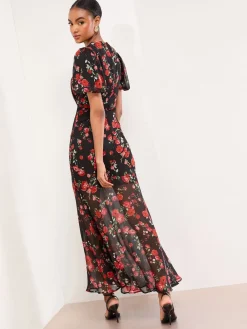Lipsy Black Floral Print Short Sleeve Woven Maxi Dress Online