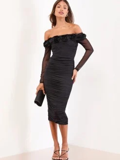 Lipsy Black Flower 3D Trim Bardot Long Sleeve Mesh Bodycon Midi Dress Outlet