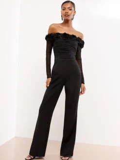 Lipsy Black Flower 3D Trim Bardot Long Sleeve Mesh Jumpsuit Outlet