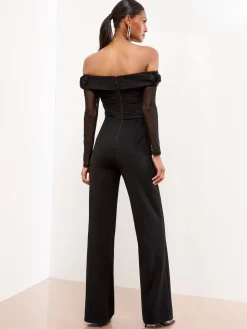 Lipsy Black Flower 3D Trim Bardot Long Sleeve Mesh Jumpsuit Outlet