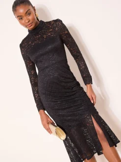Lipsy Black High Neck Lace Flare Sleeve Midi Dress Outlet