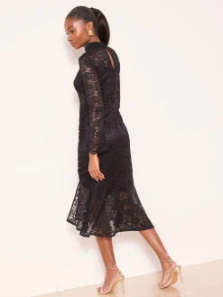 Lipsy Black High Neck Lace Flare Sleeve Midi Dress Outlet