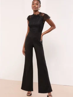 Lipsy Black Lace High Neck Short Sleeve Jumpsuit