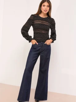 Lipsy Black Lace Polka Dot Long Sleece Top New