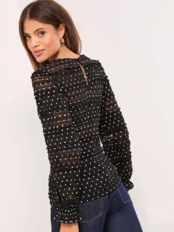 Lipsy Black Lace Polka Dot Long Sleece Top New