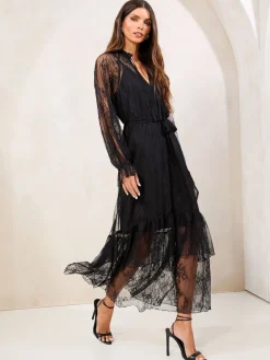 Lipsy Lace Ruffle Long Sleeve Midi Dress Black Outlet