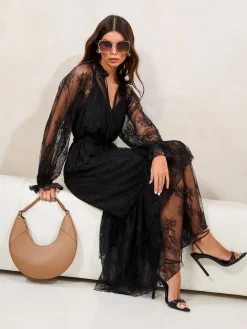 Lipsy Lace Ruffle Long Sleeve Midi Dress Black Outlet