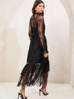 Lipsy Lace Ruffle Long Sleeve Midi Dress Black Outlet