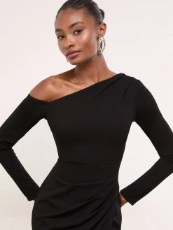 Lipsy Long Sleeve Off The Shoulder Gathered Waist Maxi Dress Black Clearance