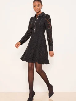 Lipsy Black Mini All-Over Lace Long Sleeve Skater Dress New