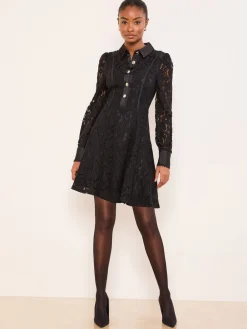 Lipsy Black Mini All-Over Lace Long Sleeve Skater Dress New