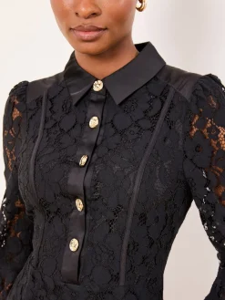 Lipsy Black Mini All-Over Lace Long Sleeve Skater Dress New