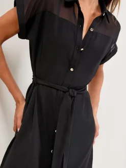 Lipsy Black Mini Mesh Insert Belted Shirt Dress New