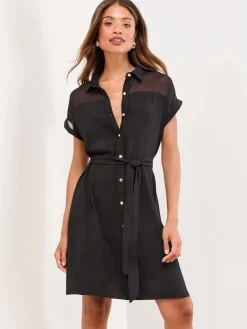 Lipsy Black Mini Mesh Insert Belted Shirt Dress New
