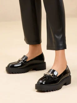 Lipsy Standard Fit Chunky Snaffle Trim Detail Faux Leather Loafers Black Patent Outlet