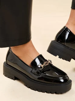 Lipsy Standard Fit Chunky Snaffle Trim Detail Faux Leather Loafers Black Patent Outlet