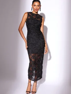 Lipsy Black Petite 3d Floral Mesh Midaxi Bodycon Dress Best