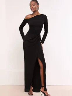 Lipsy Petite Long Sleeve Off The Shoulder Gathered Waist Maxi Dress Black New
