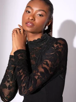 Lipsy Black Petite Long Sleeve Lace High Neck Jumpsuit Hot