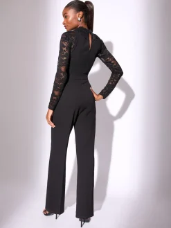Lipsy Black Petite Long Sleeve Lace High Neck Jumpsuit Hot