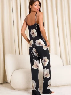 Lipsy Cami and Trousers Jersey Pyjamas Set Black Poppy print Outlet