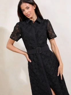 Lipsy Premium Lace Belted Shirt Dress Black Clearance