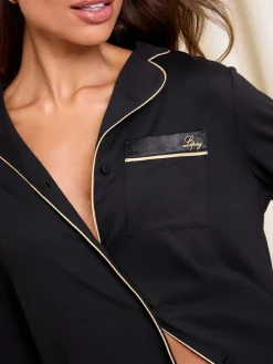 Lipsy Print Jersey Long Sleeve and Trousers Satin Trim Pyjamas Set Black Hot