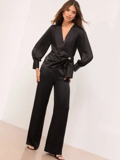 Lipsy Satin Hardware Detail Wrap Top Black