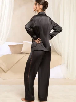 Lipsy Satin Long Sleeve Pyjamas Set with Lace Details Black Hot