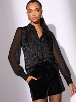 Lipsy Black Satin Sheer Sleeve Burnout Button Through Shirt Discount