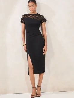 Lipsy Black Short Sleeve Lace Mix Bodycon Midi Dress Online