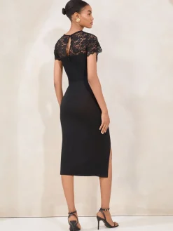 Lipsy Black Short Sleeve Lace Mix Bodycon Midi Dress Online