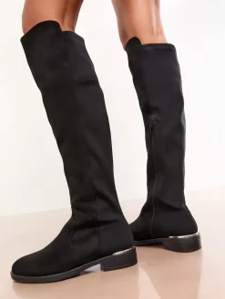 Lipsy Standard fit Faux Suede Elasticated Flat Knee High Casual Boots Black Hot
