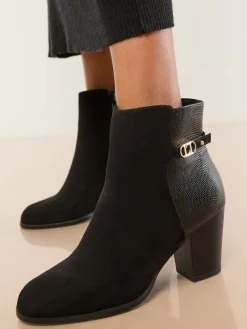 Lipsy Black Wide Fit Faux Leather Mid Heel Almond Toe Mixed Fabric Ankle Boots Clearance