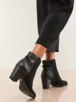 Lipsy Black Wide Fit Faux Leather Mid Heel Almond Toe Mixed Fabric Ankle Boots Clearance