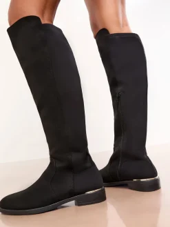 Lipsy Wide Fit Faux Suede Elasticated Flat Knee High Casual Boots Black